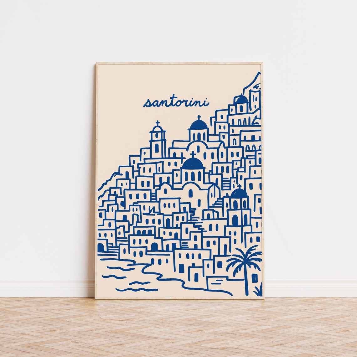 Santorini Blue Line Art Blue Domed Churches Hillside Scene Poster