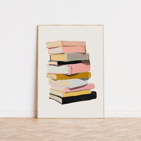 Stack of Colorful Books Painting Pink Yellow Trendy Bookworm Art Poster