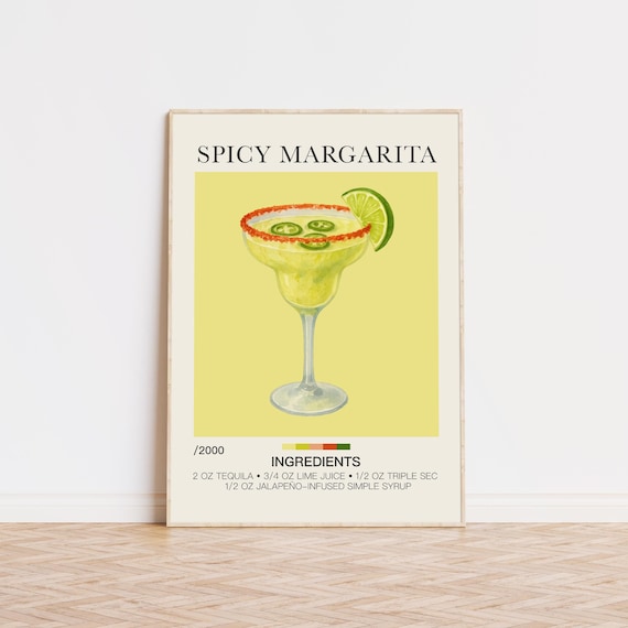 Spicy Margarita Recipe Watercolor Jalapeno Lime Bar Cart Poster