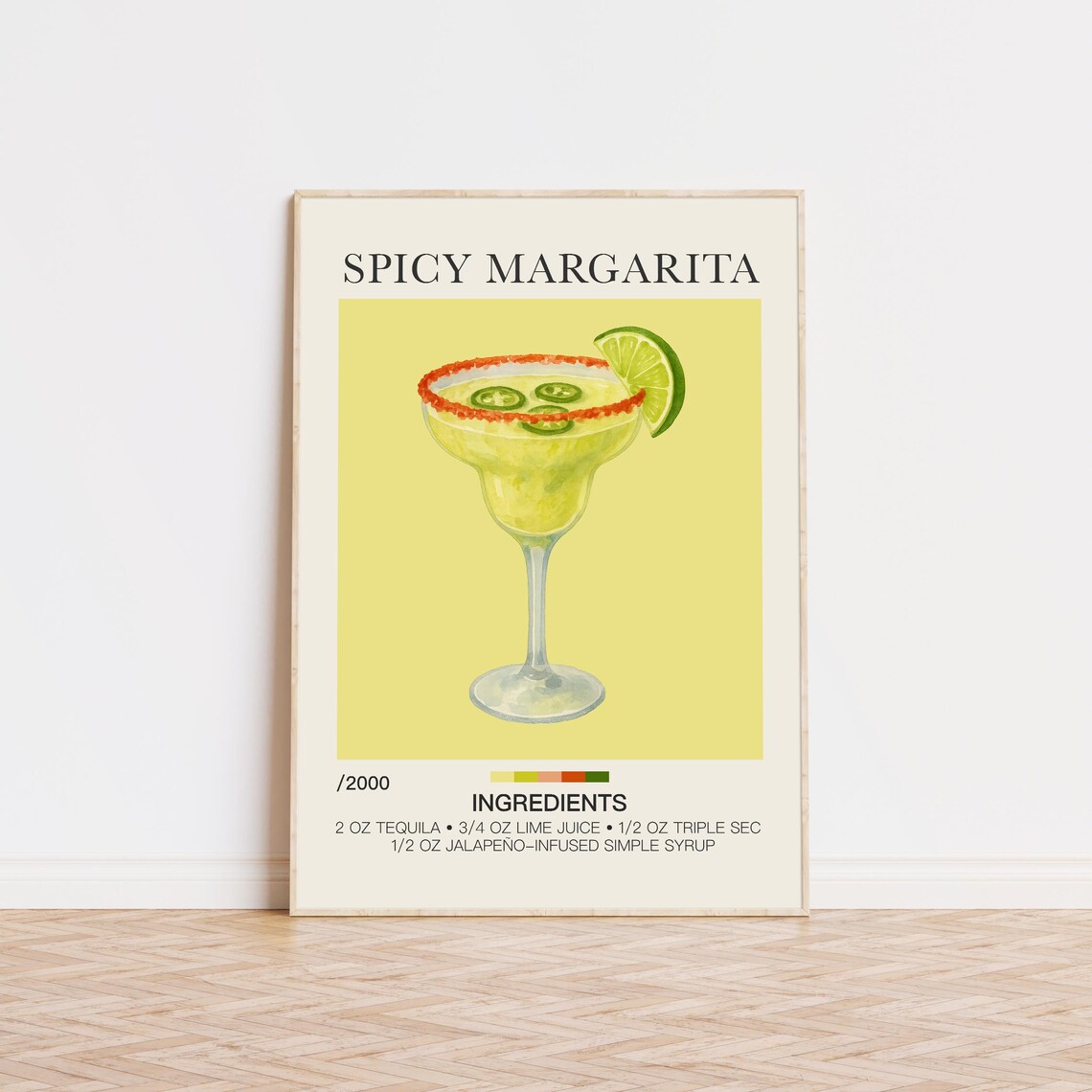 Spicy Margarita Recipe Watercolor Jalapeno Lime Bar Cart Poster