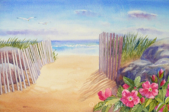 Beach Path Through Dunes To Ocean Seagulls Watercolor Seascape Poster