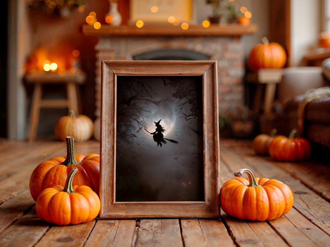 Misty Gothic Witch Flying on Broomstick Full Moon Halloween Poster