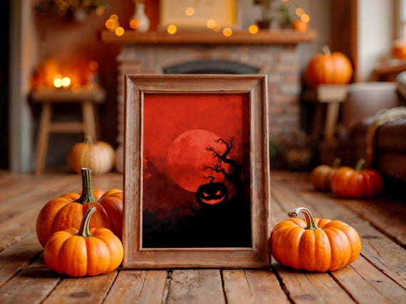 Jack O Lantern Under Blood Red Moon Poster Bare Tree Silhouette