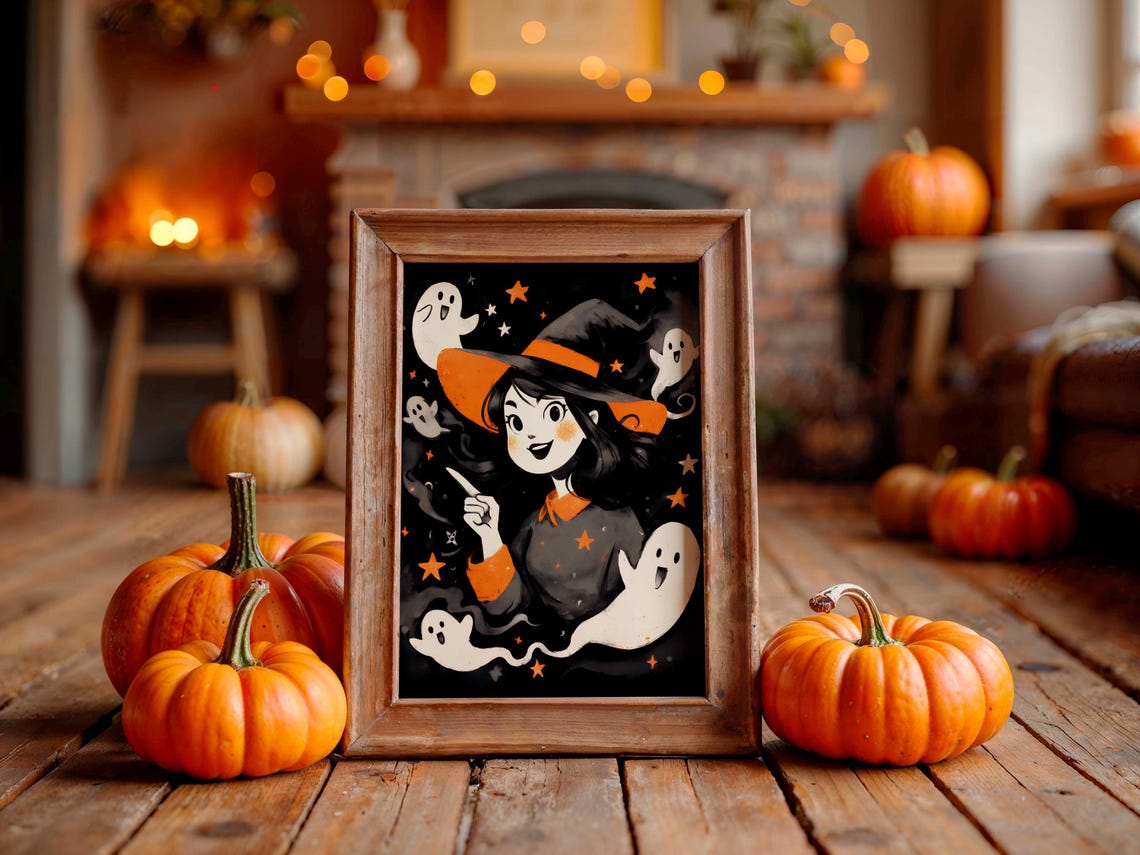 Whimsical Cute Witch With Friendly Ghosts Stars Halloween Art Poster