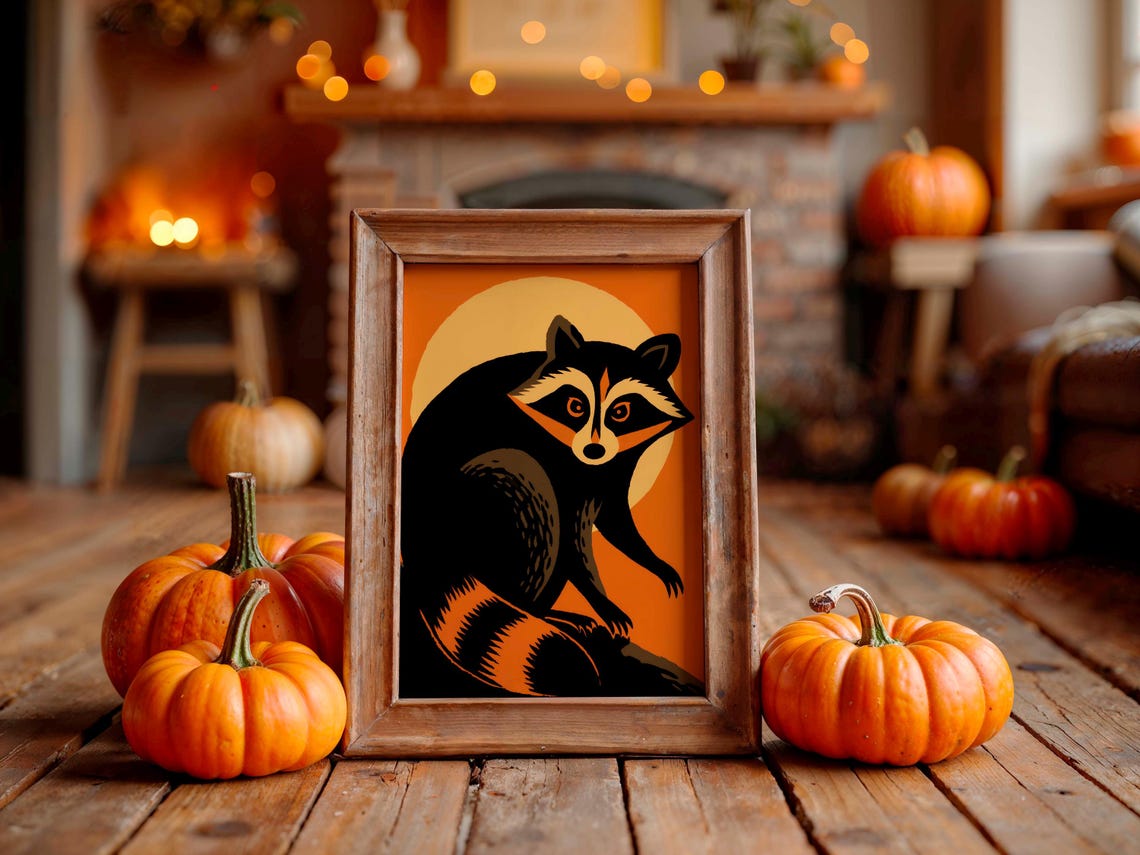 Retro Raccoon Illustration Full Moon Orange Halloween Style Art Poster