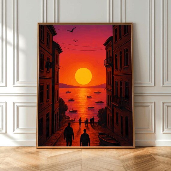 Fiery Red Sunset Harbor Street Boats Silhouette Artwork Poster