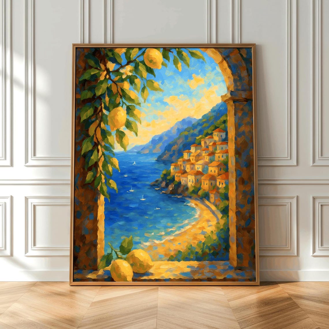 Sunny Mediterranean Coastal Town Lemon Tree Arch Seaside Poster