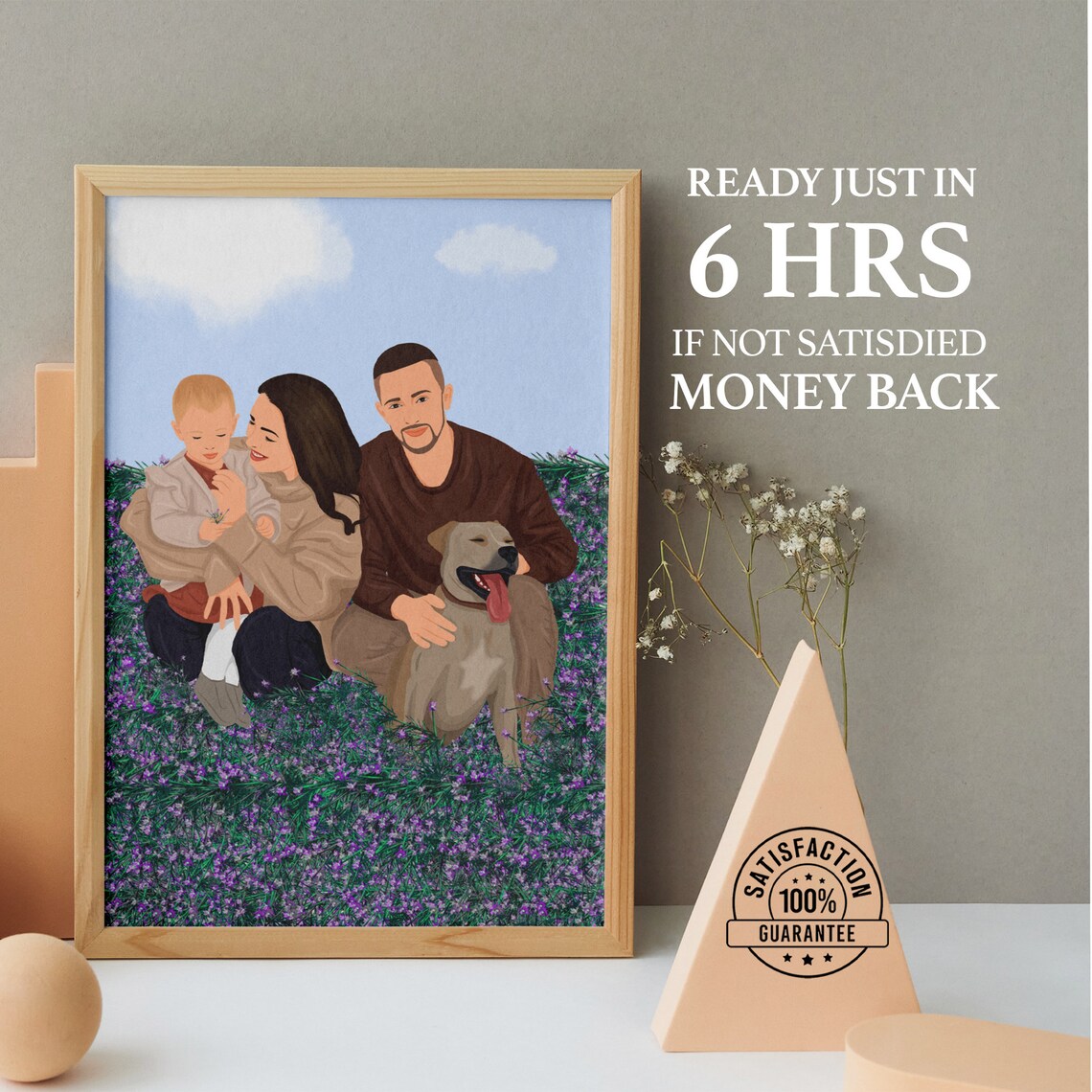 Family of Three with Dog in Lavender Field Flat Color Portrait Poster
