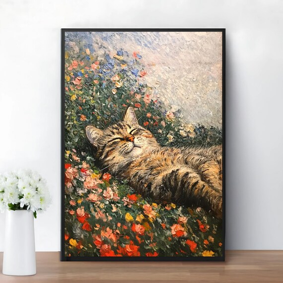 Monet Style Garden Cat Sleeping Among Blooming Flowers Poster