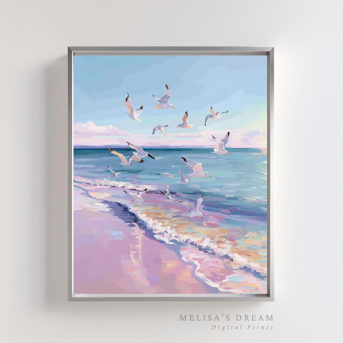 Pastel Seagulls Flying Over Pink Shoreline Beach Painting Poster