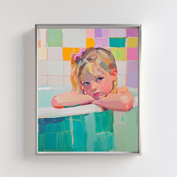 Girl Bath Time Colorful Impressionist Kids Bathroom Art Poster