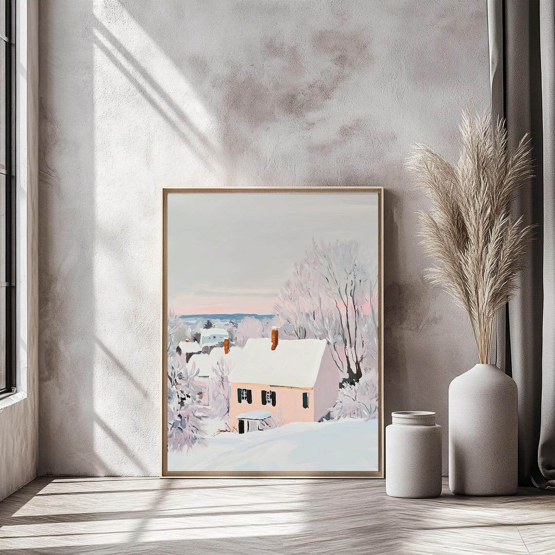 Winter Village Landscape Vintage Art Snowy Cottage Wall Decor Antique Farmhouse With Frosty Tree Cozy Winter Scenery - Image 5