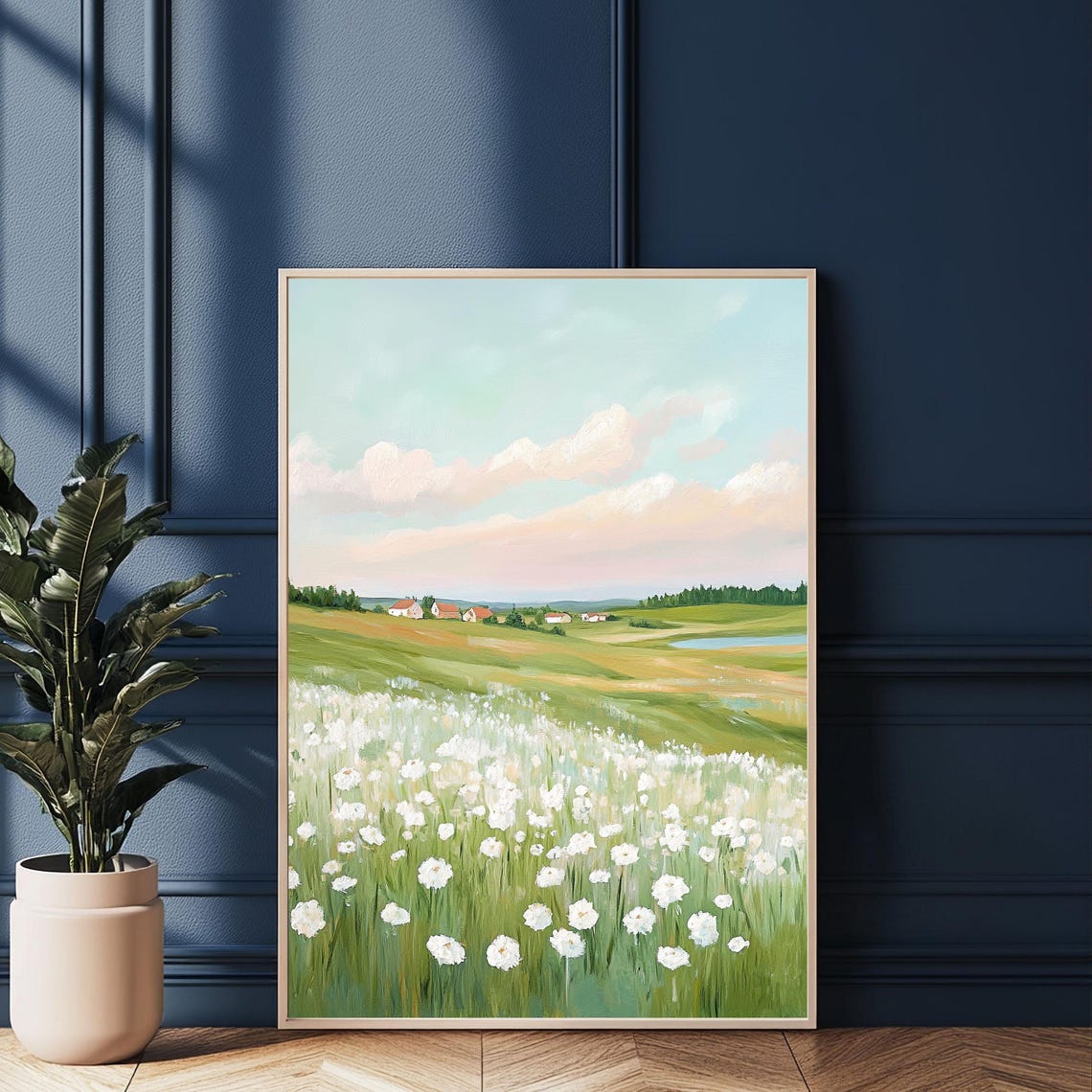 White Wildflower Meadow Rolling Country Farm Landscape Art Poster - Image 2