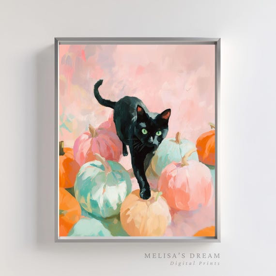 Halloween Black Cat Wall Art Spooky Cute Painting With Pumpkins