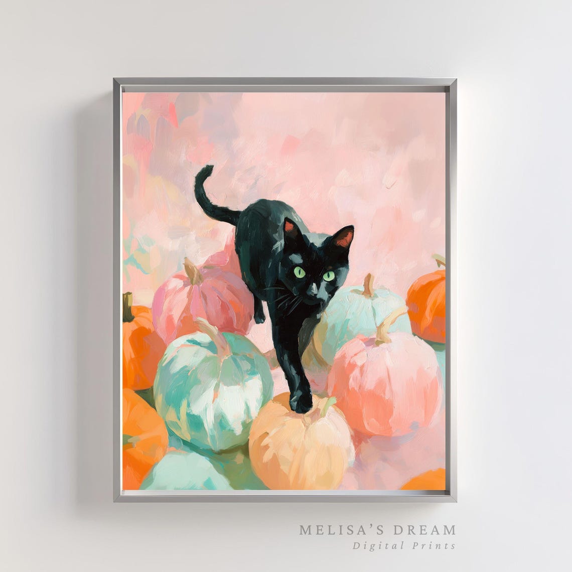 Halloween Black Cat Wall Art Spooky Cute Painting With Pumpkins