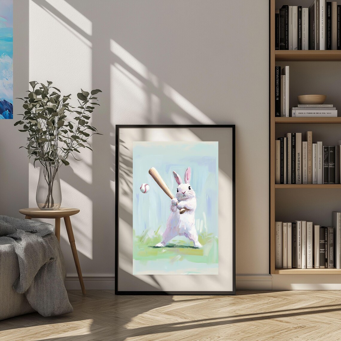 Playful Bunny Playing Baseball Soft Watercolor Kids Sports Poster - Image 4