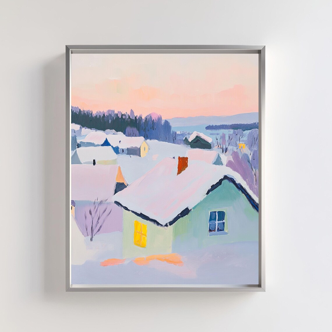 Winter Village Art Print, Snowy Scandinavian Landscape