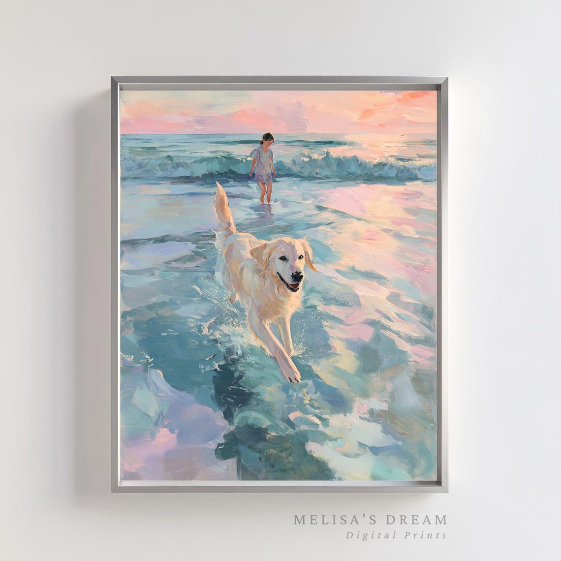 Golden Retriever Surfing Sunset Waves Pastel Beach Painting Poster
