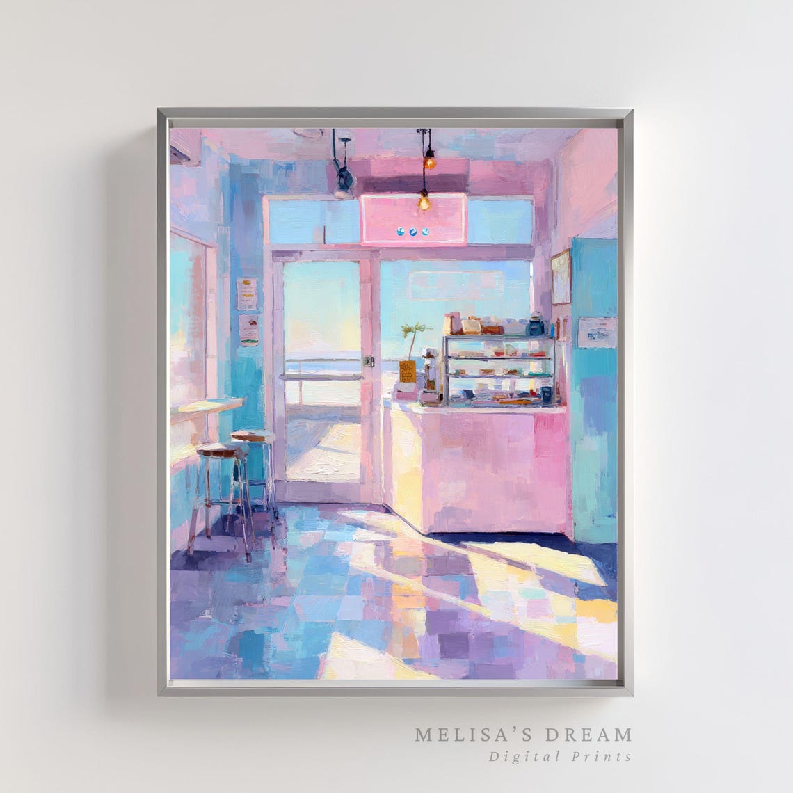 Pastel Beachside Cafe Interior Sunlit Coffee Shop Painting Poster
