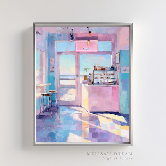 Pastel Beachside Cafe Interior Sunlit Coffee Shop Painting Poster