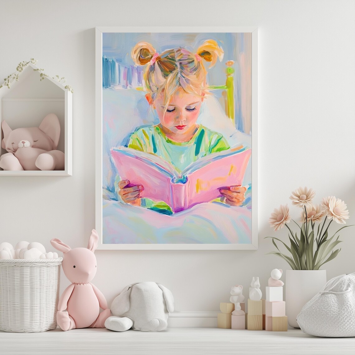 Little Girl Reading Pink Book in Bed Cozy Kids Room Art Poster - Image 2