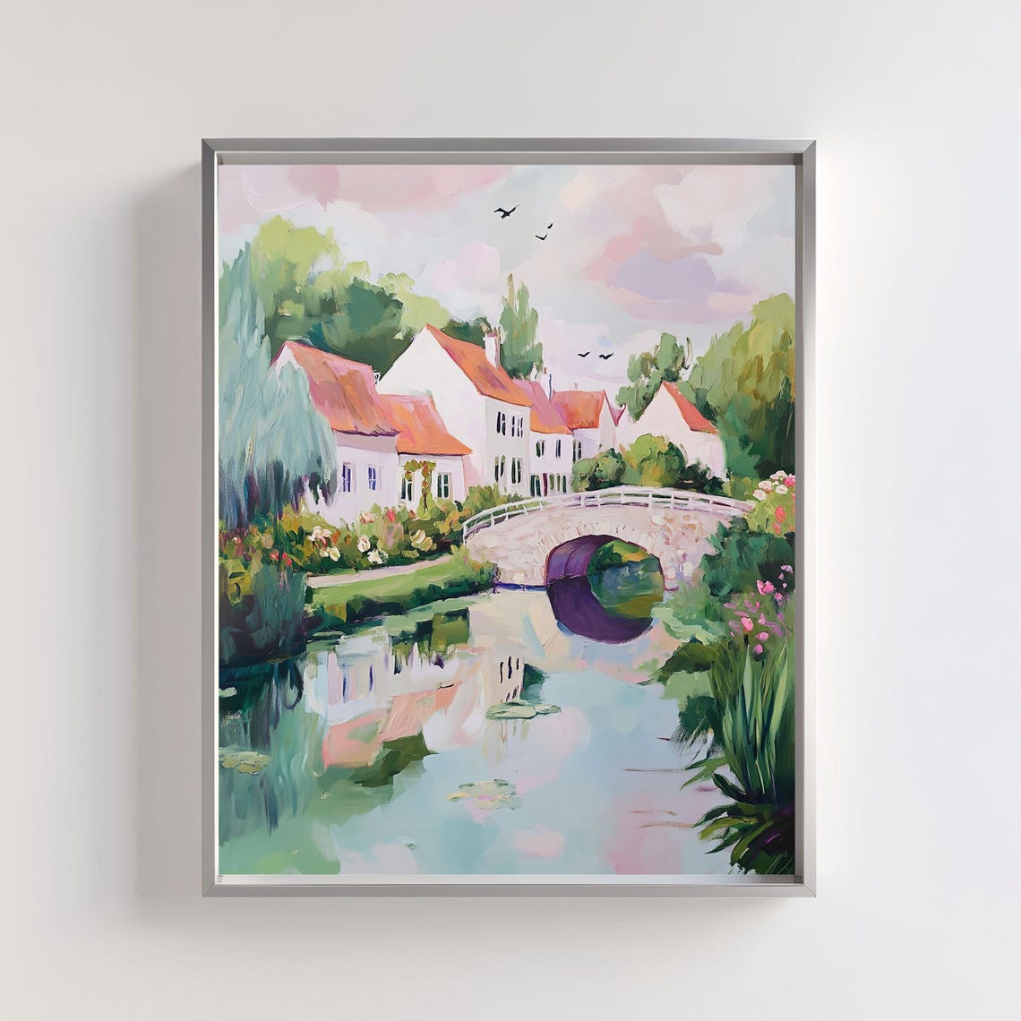 French Countryside Village Stone Bridge Over River Art Poster