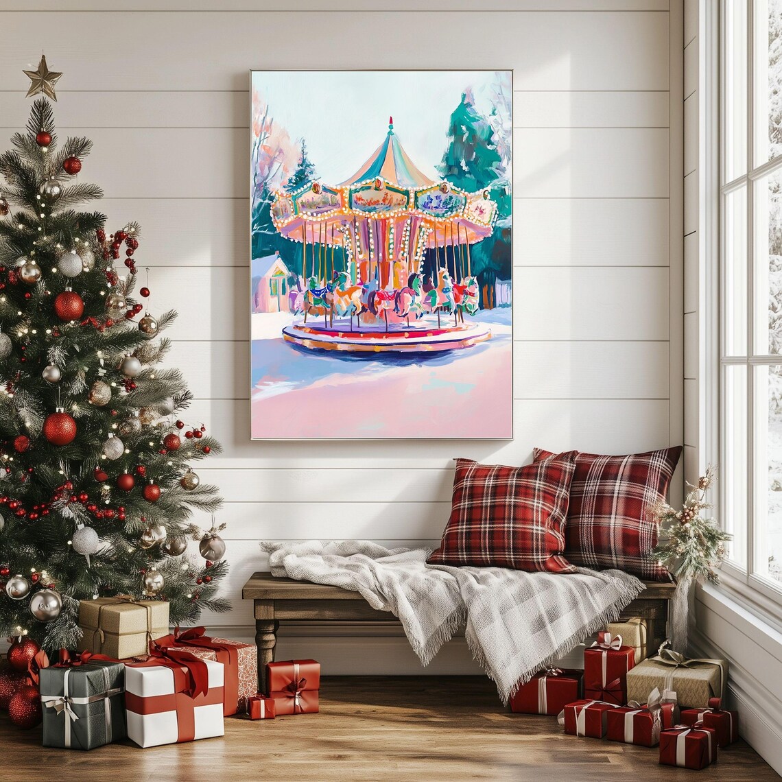 Christmas Carousel, Vintage Holiday Winter Wonderland - Image 4