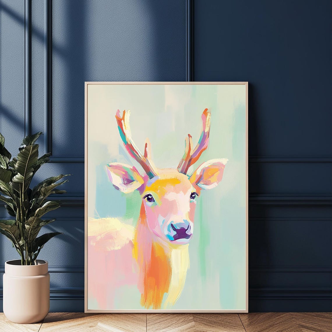 Colorful Rainbow Antler Deer Portrait Whimsical Animal Art Poster - Image 2