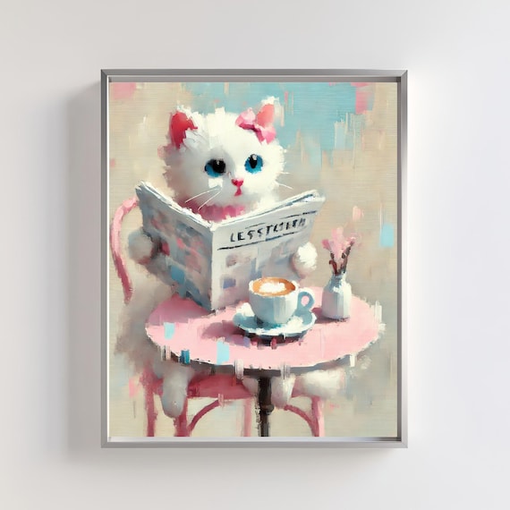 Cute Cat Art Print Whimsical White Cat Reading In Cafe Vintage Pastel Animal Decor Art For Nursery Coffee Shop Aesthetic