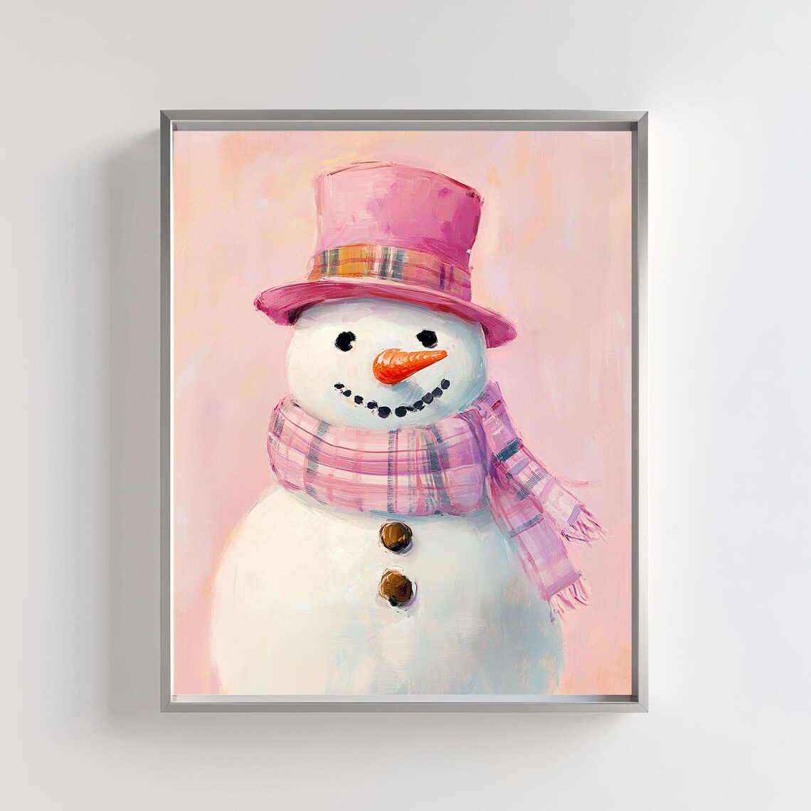Cheerful Pink Snowman With Plaid Hat And Striped Scarf Art Poster