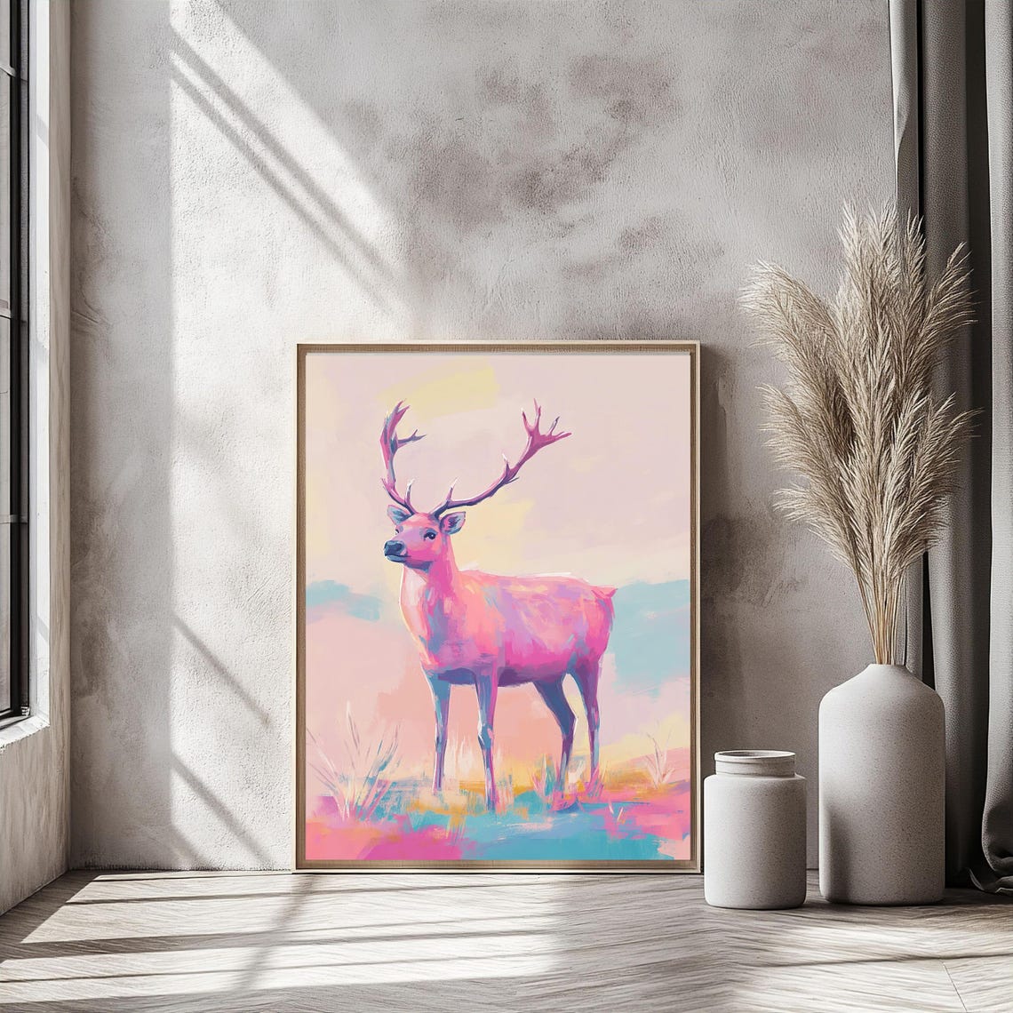 Pink Pastel Stag Deer Portrait Whimsical Wildlife Animal Art Poster - Image 3
