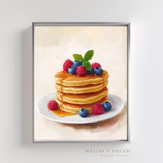 Stack Of Golden Berry Pancakes With Maple Syrup Breakfast Art Poster