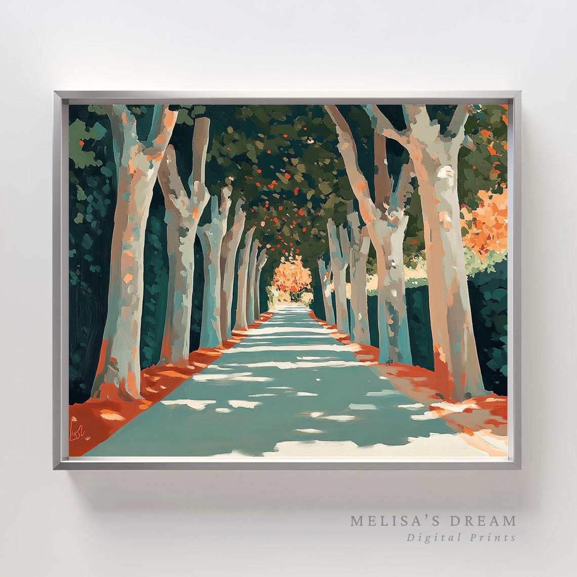 Tree Lined Road Autumn Avenue Sunlit Impressionist Painting Poster