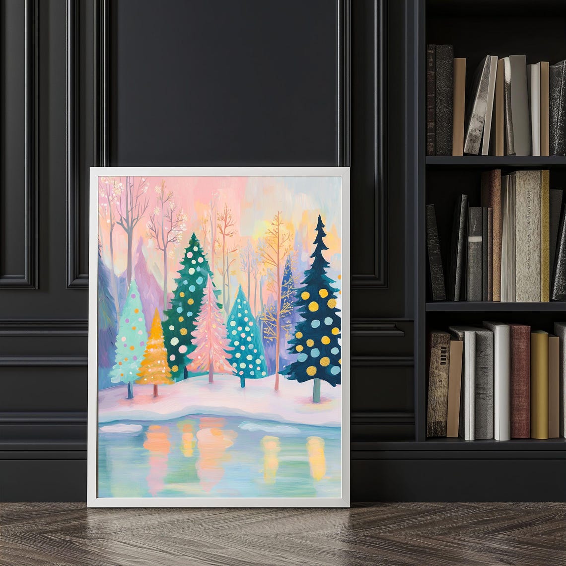 Whimsical Colorful Winter Forest Reflected In Frozen Lake Art Poster - Image 2
