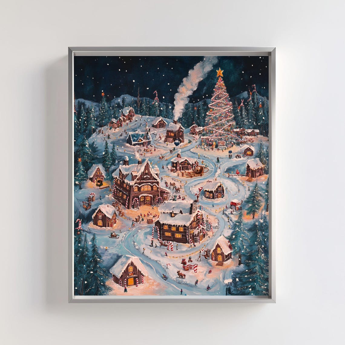 Snowy Christmas Village Night Scene Cozy Holiday Painting Print