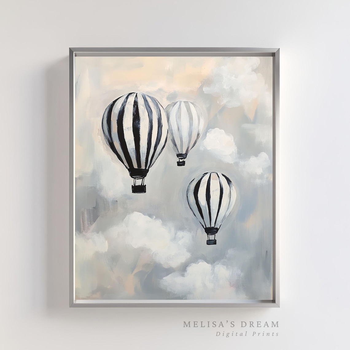 Striped Hot Air Balloon Poster Trio Monochrome Clouds Whimsical Nursery Art
