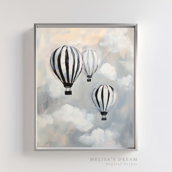 Striped Hot Air Balloon Poster Trio Monochrome Clouds Whimsical Nursery Art