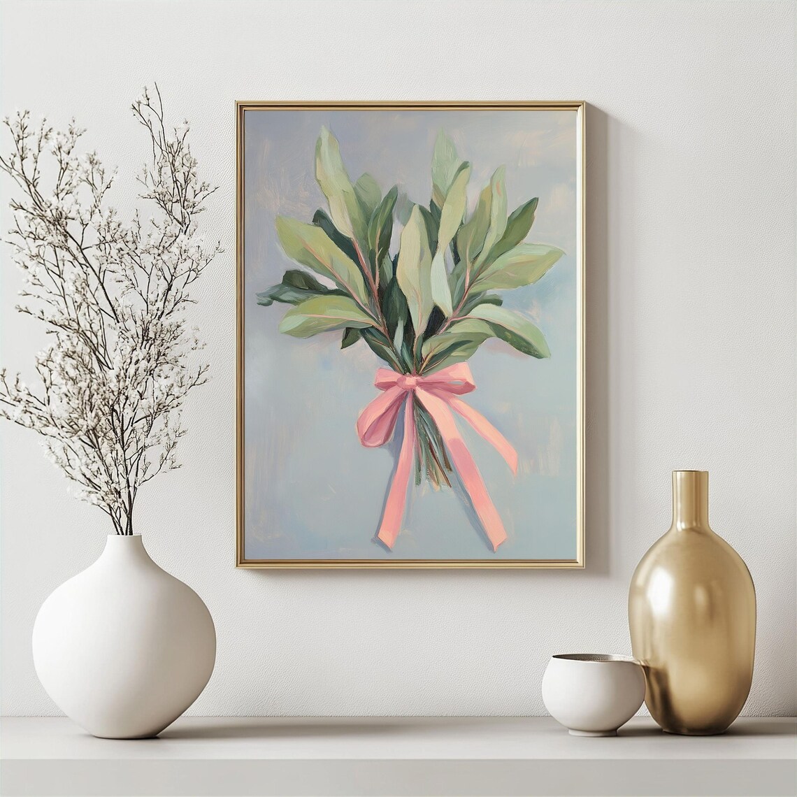 Minimalist Green Leaf Bouquet Tied With Pink Ribbon Art Poster - Image 2