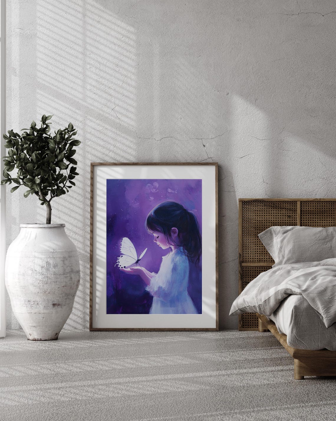 Girl Holding White Butterfly Purple Starry Night Dream Art Poster - Image 2