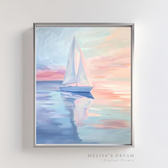 Pastel Sailboat at Sunset Art Print Calm Sea with Pink Sky Reflection