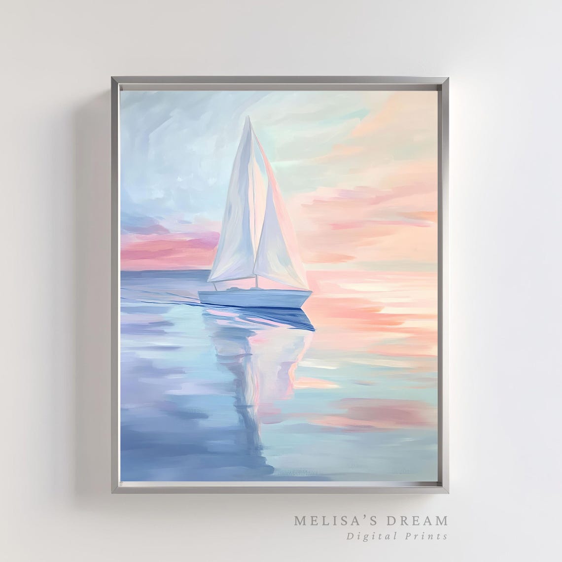 Pastel Sailboat at Sunset Art Print Calm Sea with Pink Sky Reflection