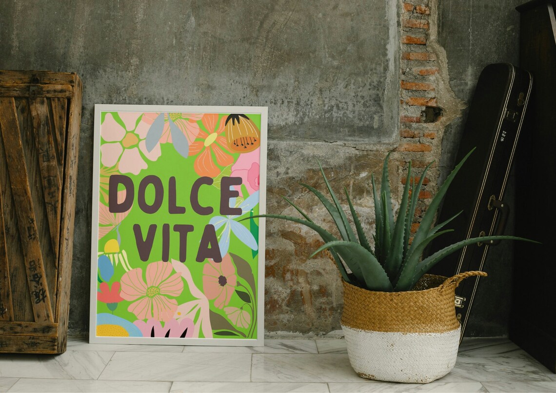 Dolce Vita Italian Slogan Colorful Green Flower Garden Poster - Image 2