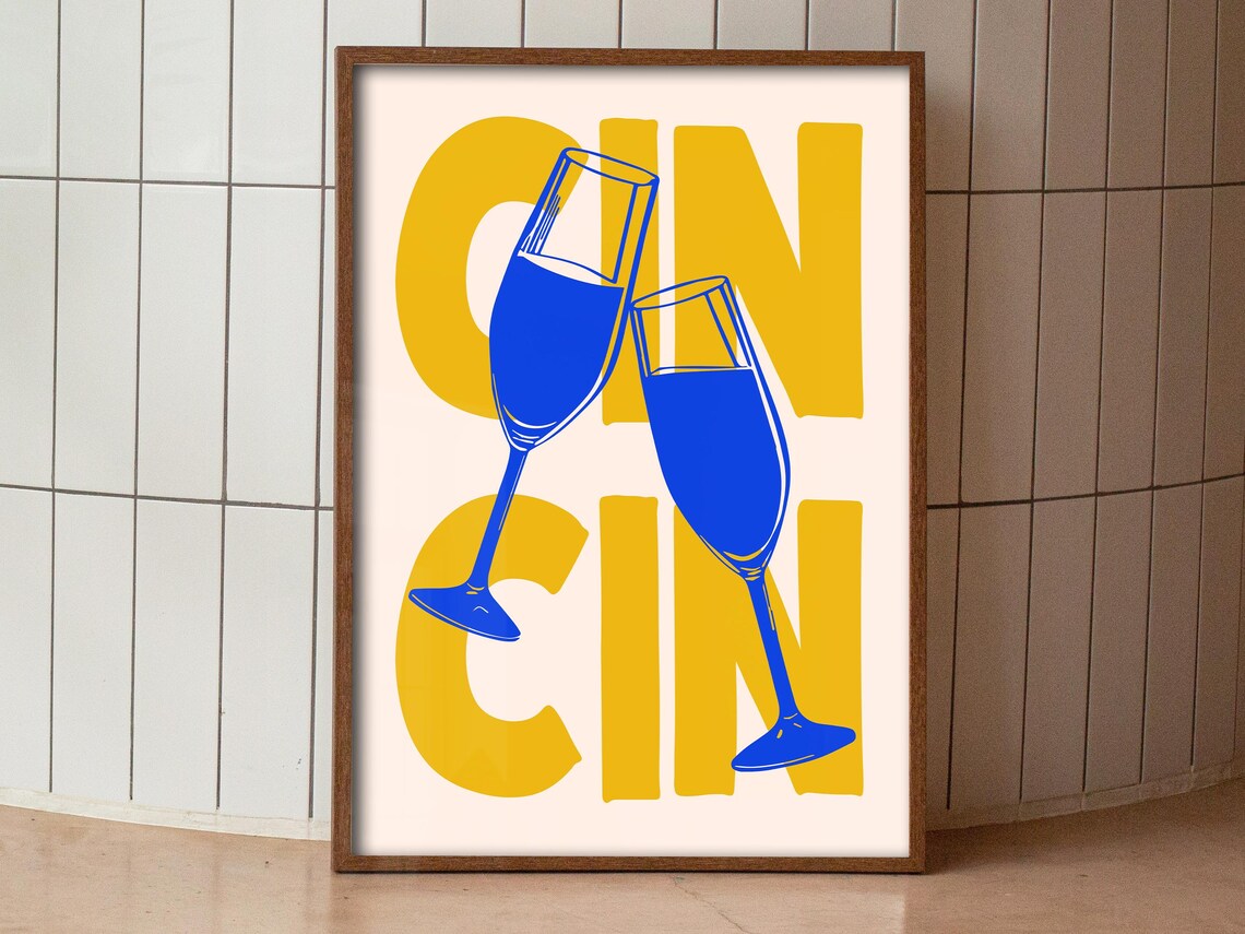 Cin Cin Cheers Clinking Wine Glasses Bold Blue Yellow Party Poster - Image 3