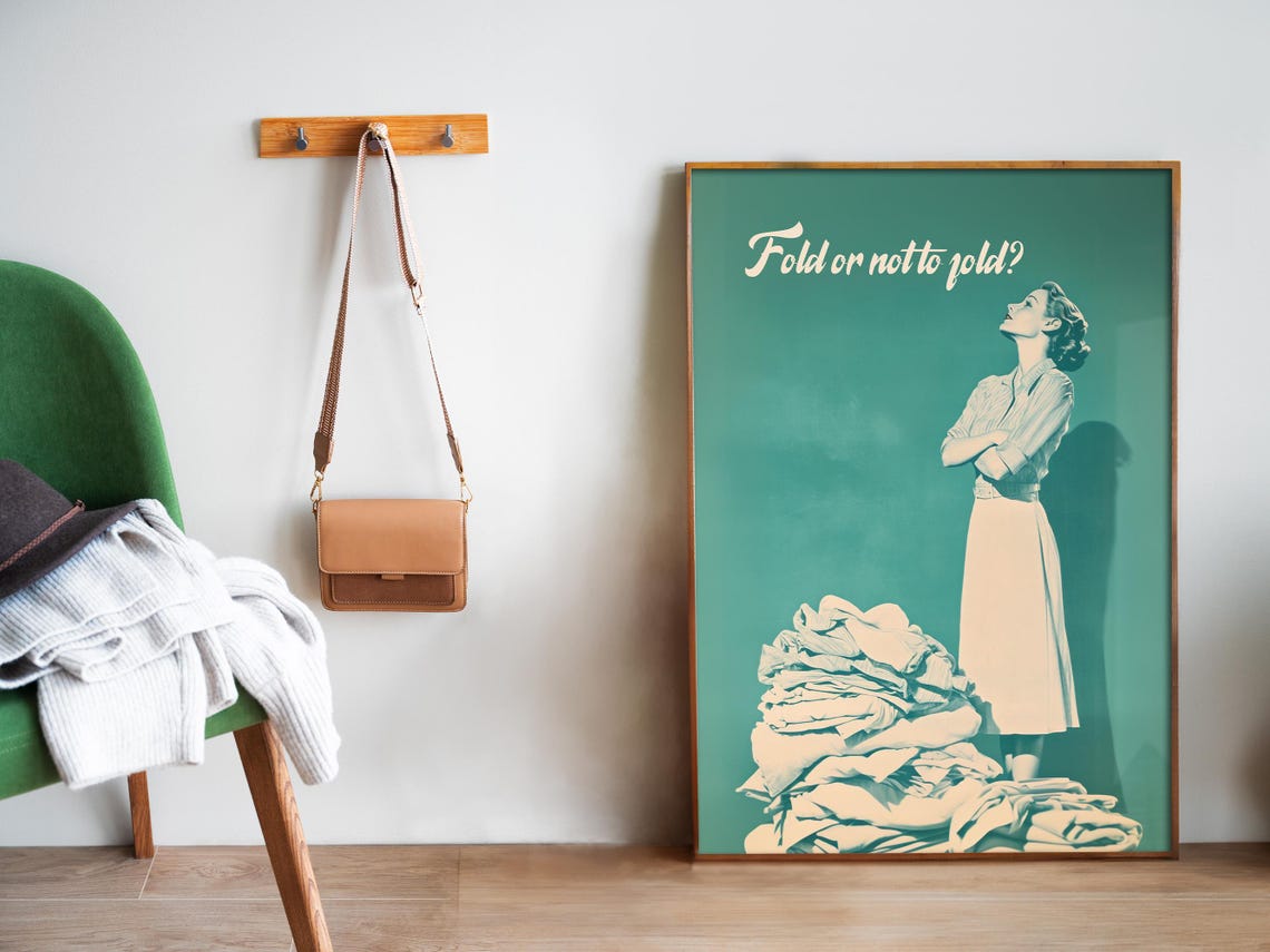 Fold Or Not To Fold Vintage Laundry Woman Teal Retro Art Poster - Image 5