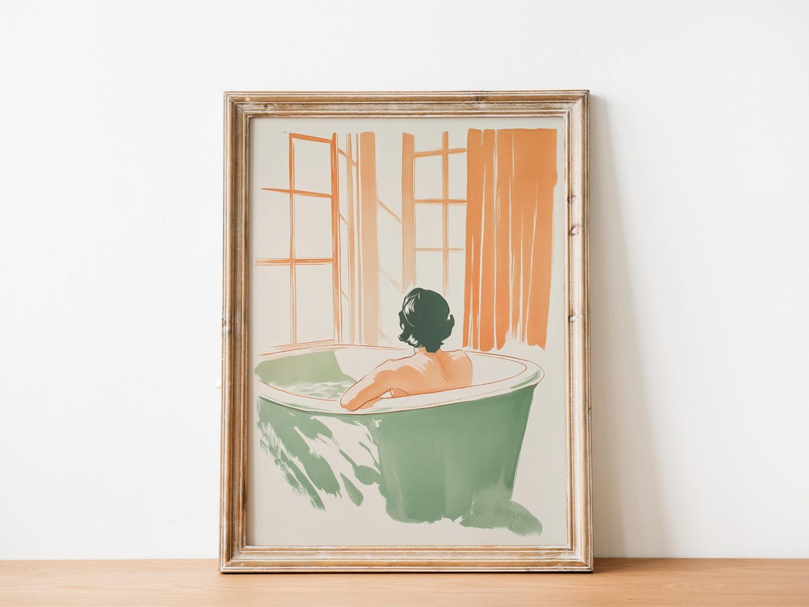 Bathroom Aesthetic Wall Art Shower Room Wall Print Green And Orange Toilet Art Woman In A Tub Art Self Care Print Watercolor Art - Image 5