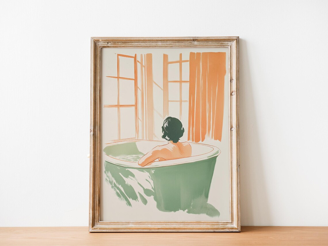 Woman Relaxing In Bathtub Sage Green Watercolor Self Care Poster - Image 5
