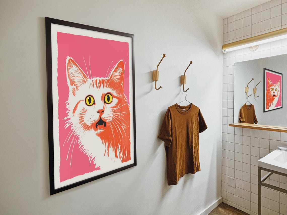 Funny White Cat Face Pink Pop Art Humor Quirky Animal Wall Poster - Image 4