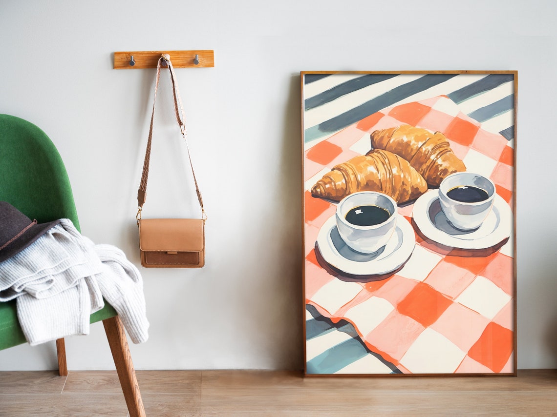 Retro Croissant and Coffee Breakfast Checkered Cloth Kitchen Poster - Image 5