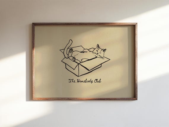 The Homebody Club Cat In Box Drawing Hand Drawn Poster Girl Apartment Art Digital Download