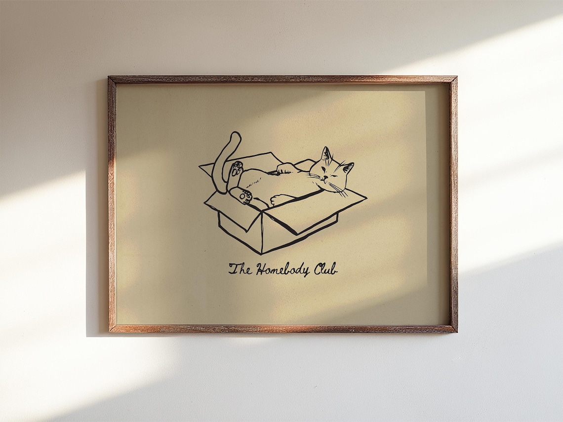 The Homebody Club Cat Sleeping In Box Hand Drawn Minimal Poster